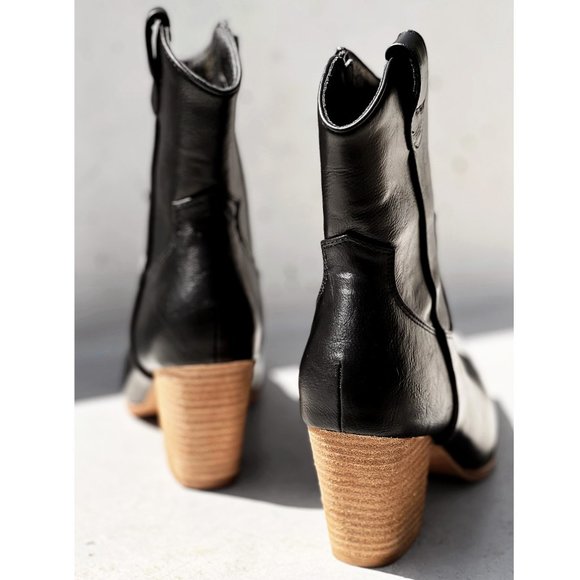 NEW Black PU Leather Metal Cap Toe Block Heel Cowgirl Cowboy Western Ankle Boots - Picture 6 of 14